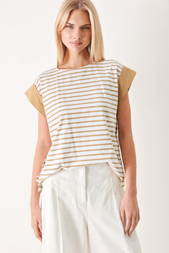 Woman wearing a striped knit top with wide neckline, short sleeve and side button | FREEMARKET
