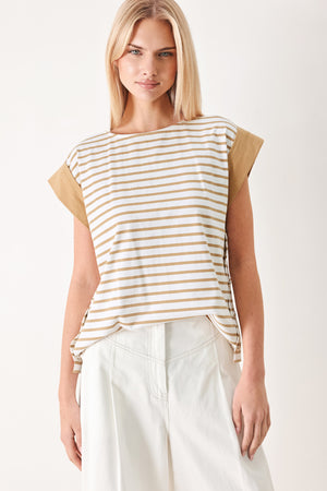 Woman wearing a striped knit top with wide neckline, short sleeve and side button | FREEMARKET
