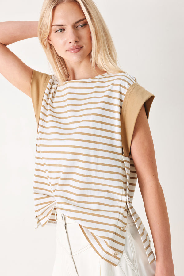 Woman wearing a striped knit top with wide neckline, short sleeve and side button | FREEMARKET