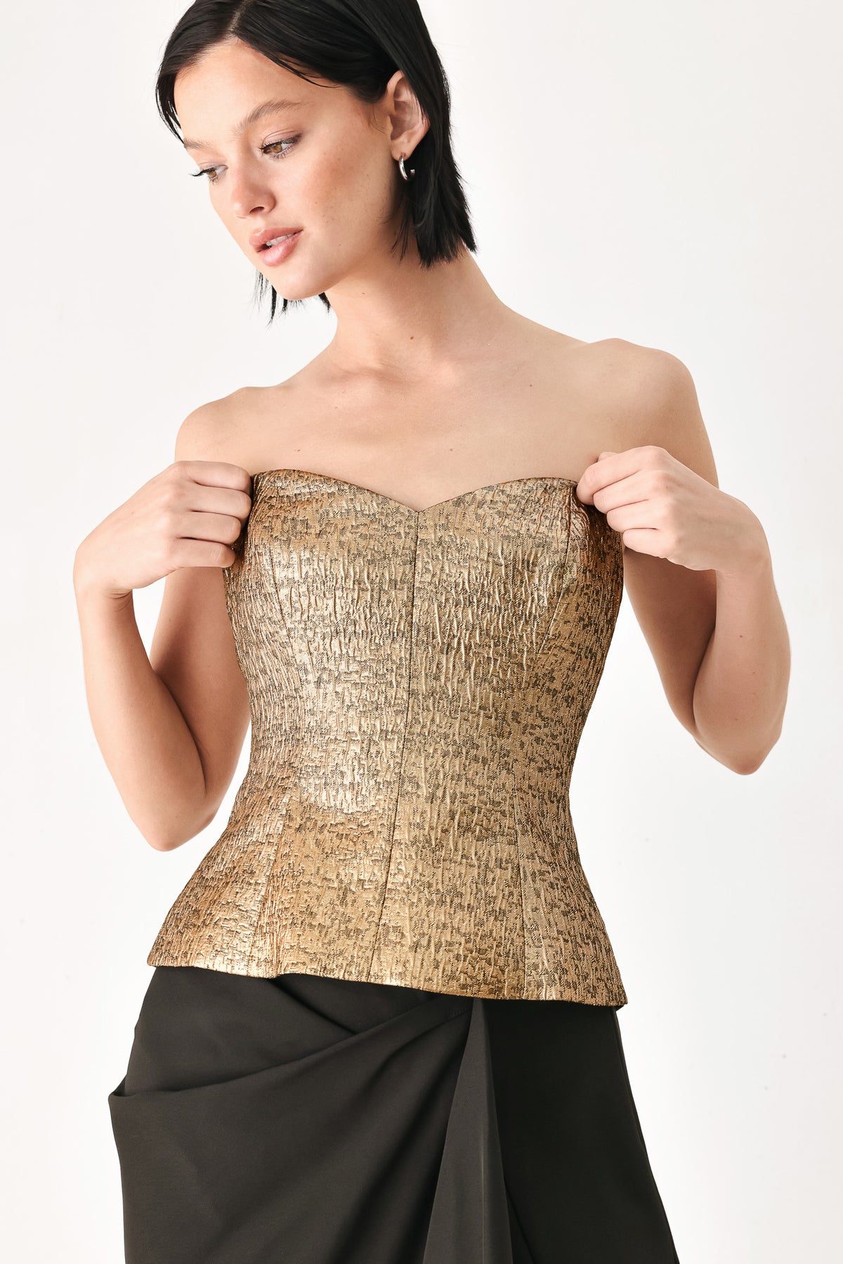 A woman wearing a strapless tube top with sweetheart neckline and back zipper | FREEMARKET