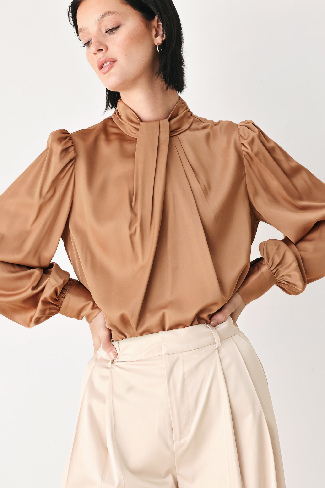 A woman wearing a bronze long-sleeve blouse with a gathered high neck and voluminous sleeves | FREEMARKET