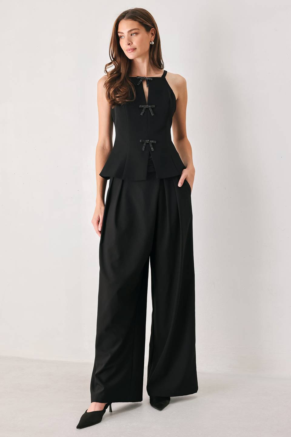 BOW NOIR BLACK RHINESTONE HALTER PEPLUM TOP