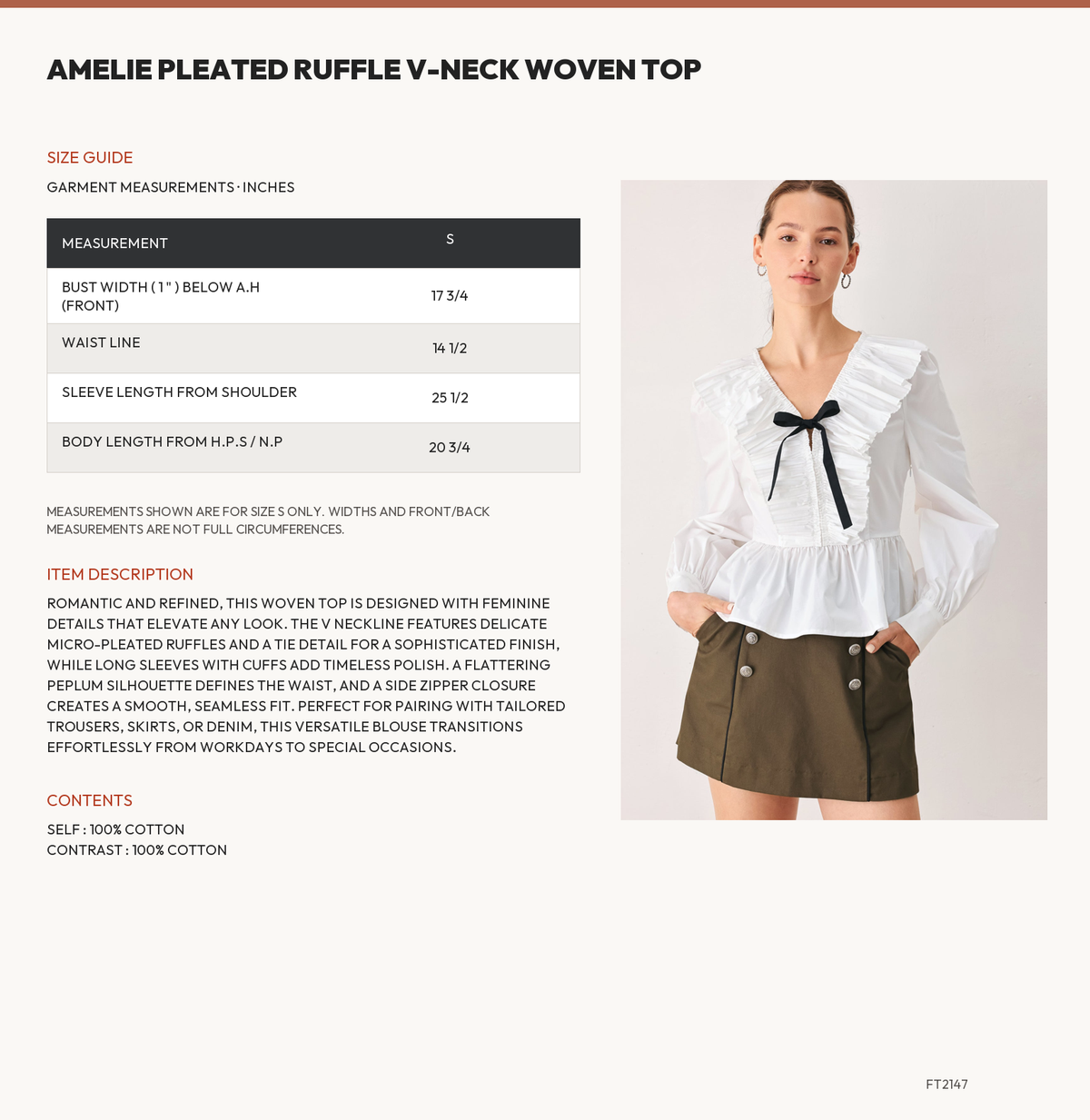 AMELIE PLEATED RUFFLE V-NECK WOVEN TOP size chart