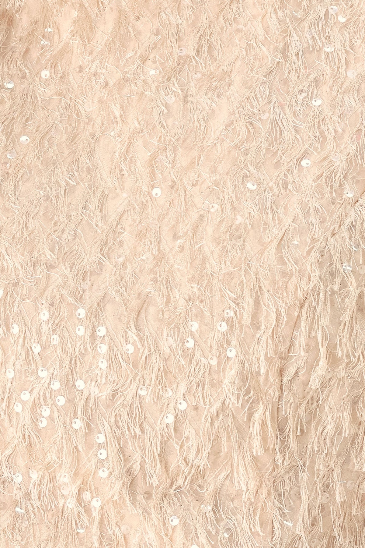 Woman wearing a champagne short sleeve crop top with sequin and faux feather/fur | FREEMARKET