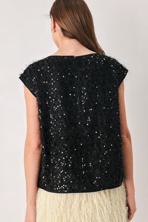 IVORY FRINGE OFF WHITE SEQUIN SLEEVELESS TOP