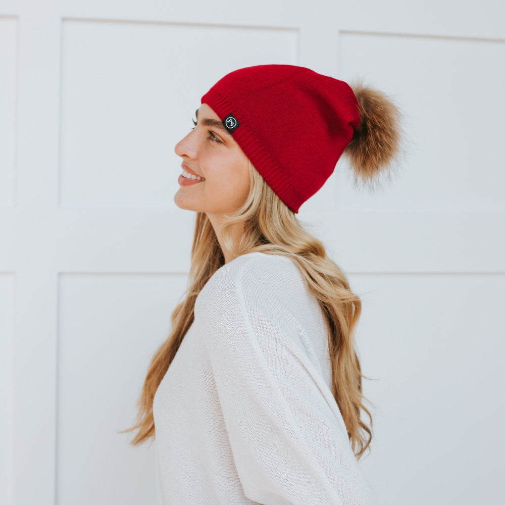 Fine Knit Fur Pom Slouchy Beanie