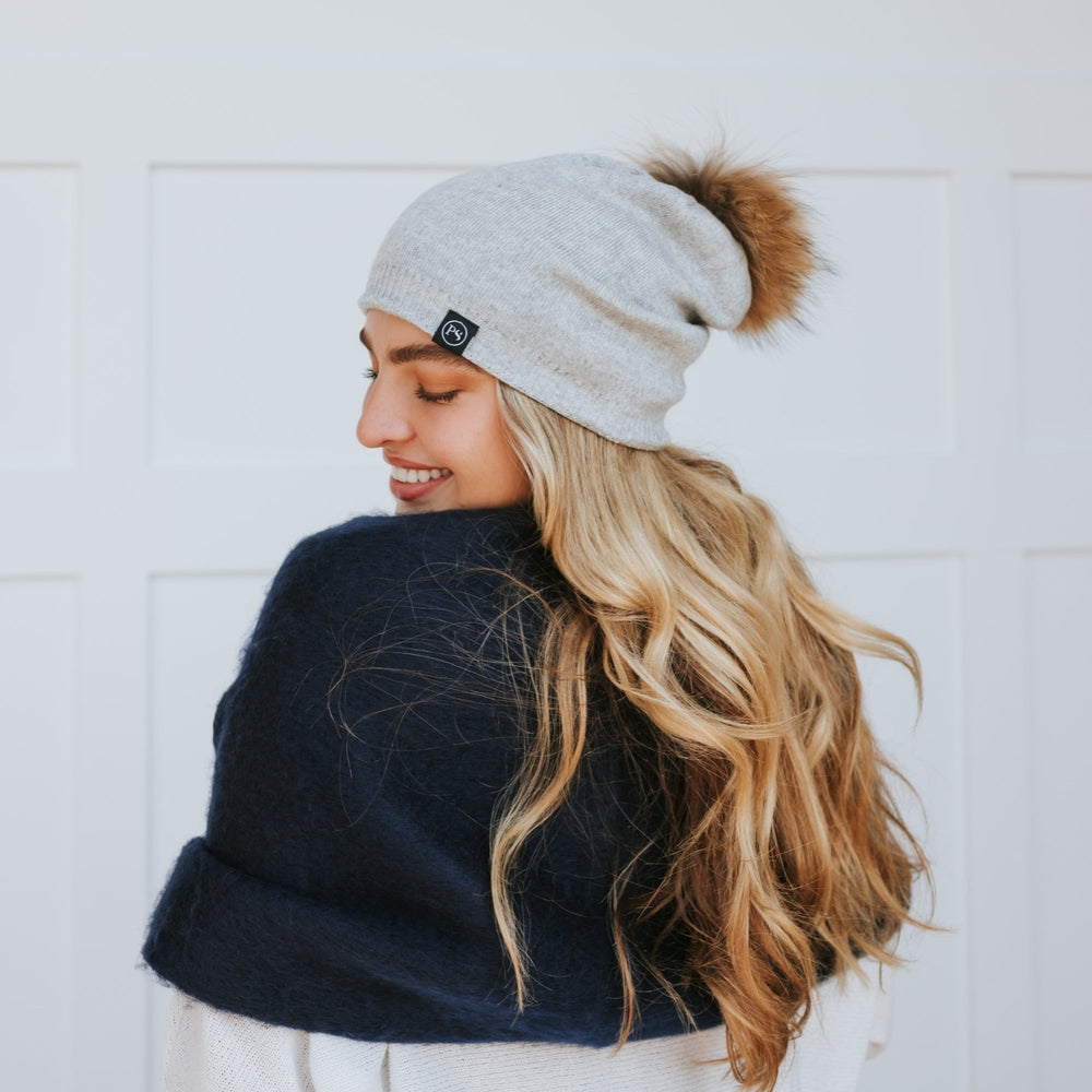 Fine Knit Fur Pom Slouchy Beanie