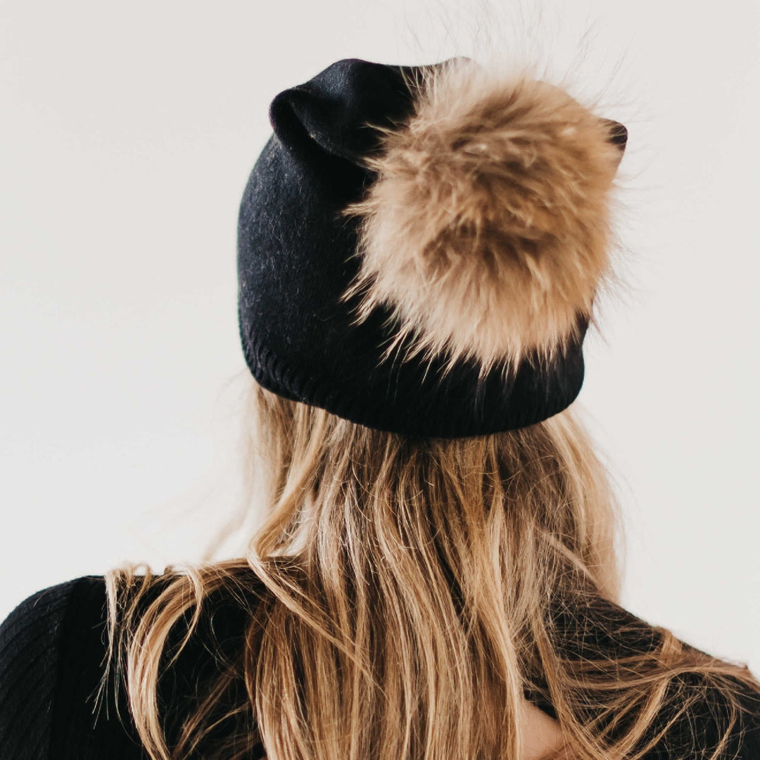 Fine Knit Fur Pom Slouchy Beanie