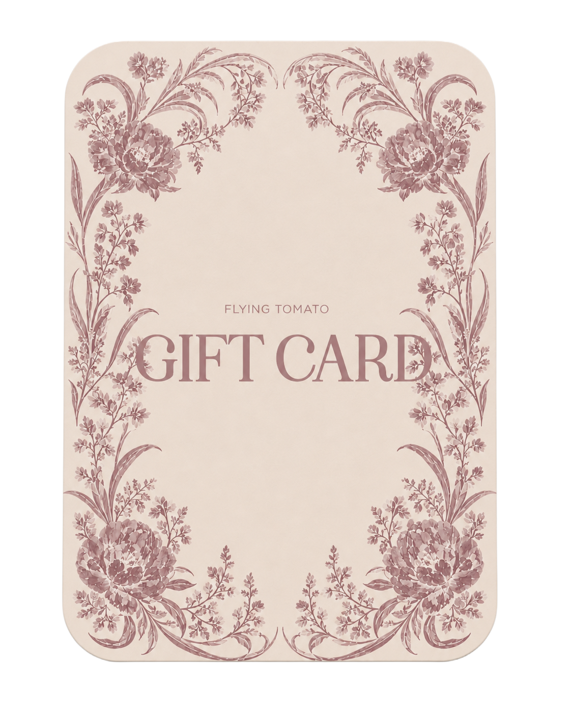 Gift card with floral design and 'Flying Tomato' branding on a beige background