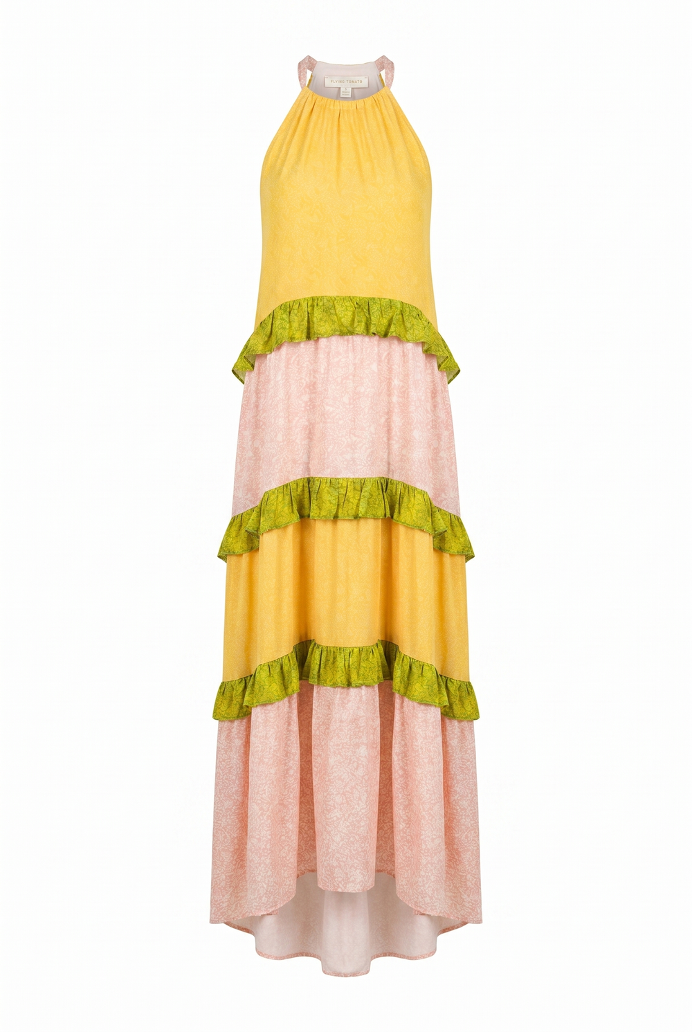 A yellow, green, and pink halter maxi dress with a tiered skirt on a white background | Flying Tomato