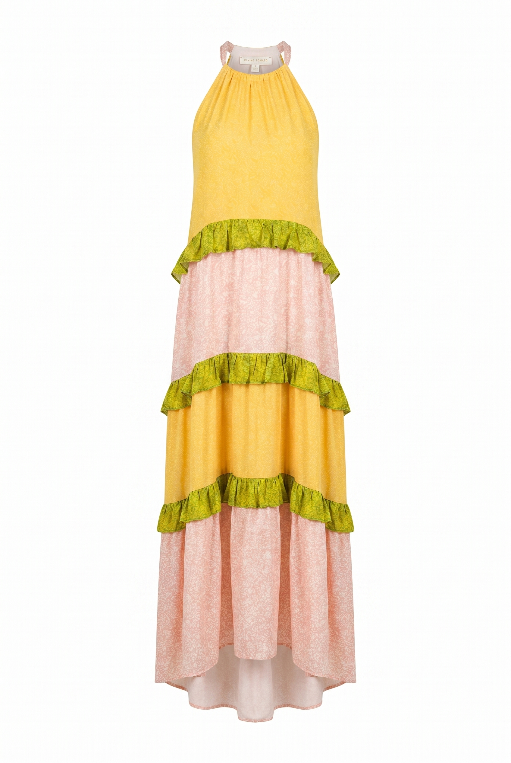 A yellow, green, and pink halter maxi dress with a tiered skirt on a white background | Flying Tomato