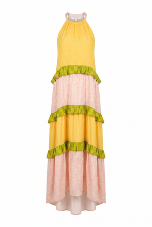 A yellow, green, and pink halter maxi dress with a tiered skirt on a white background | Flying Tomato