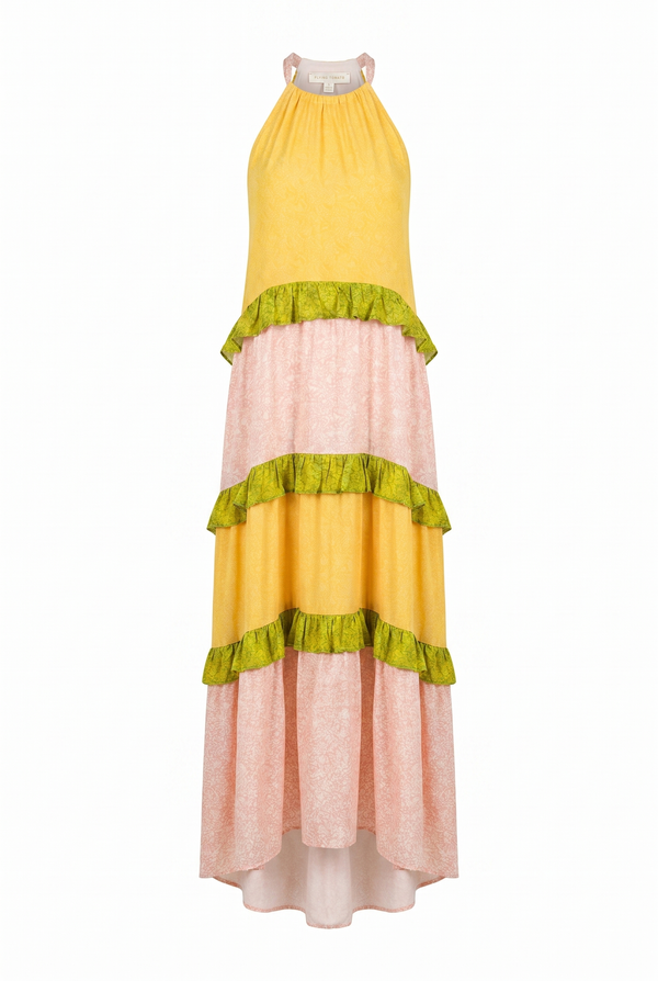 A yellow, green, and pink halter maxi dress with a tiered skirt on a white background | Flying Tomato