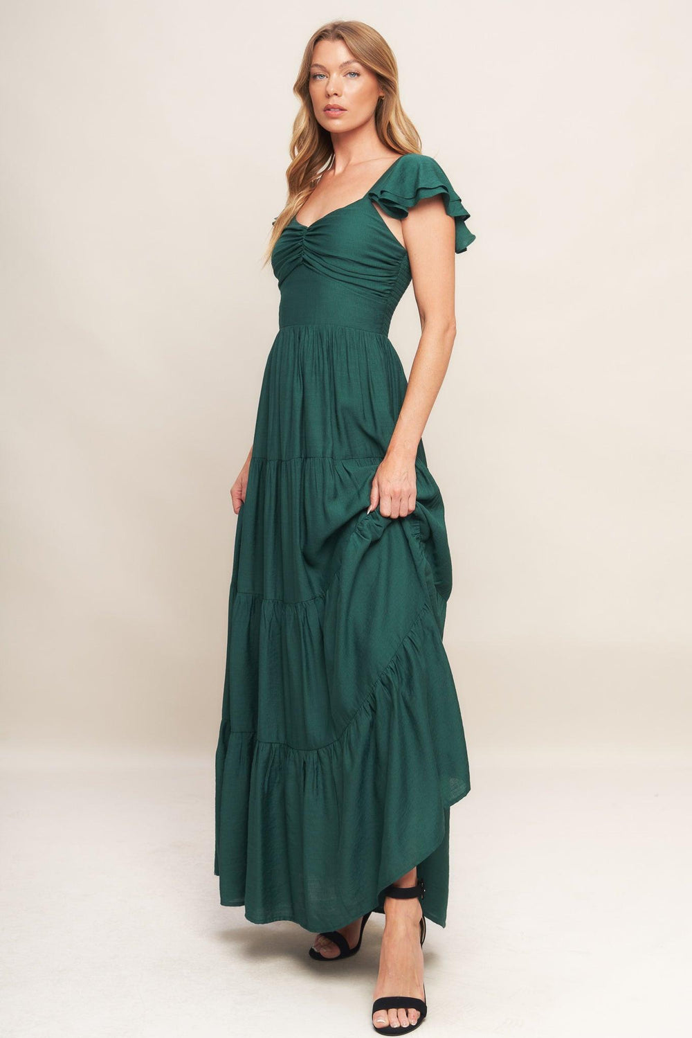 SUMMER MILK FOREST GREEN WOVEN MAXI DRESS.