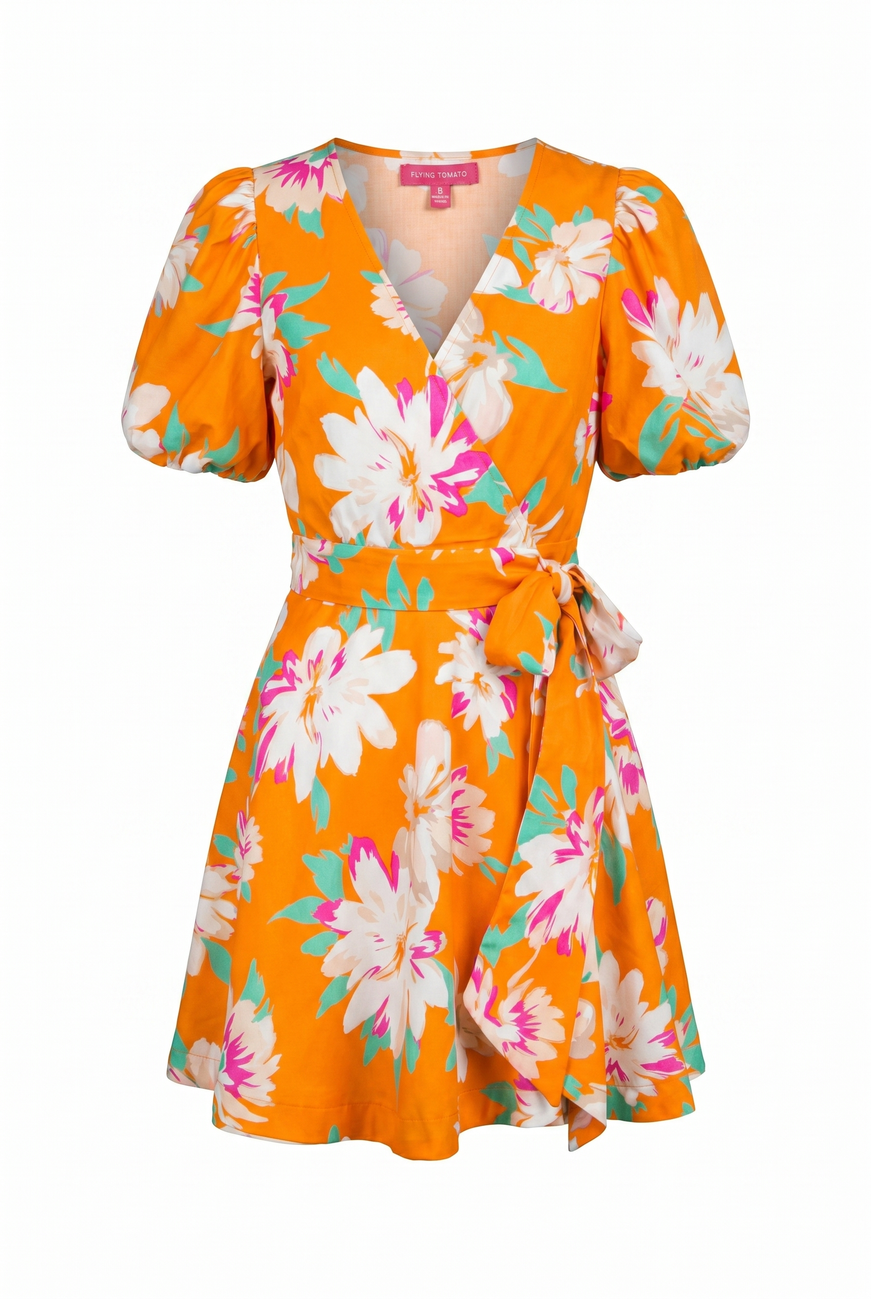 Orange with white flowers mini wrap dress | Flying Tomato