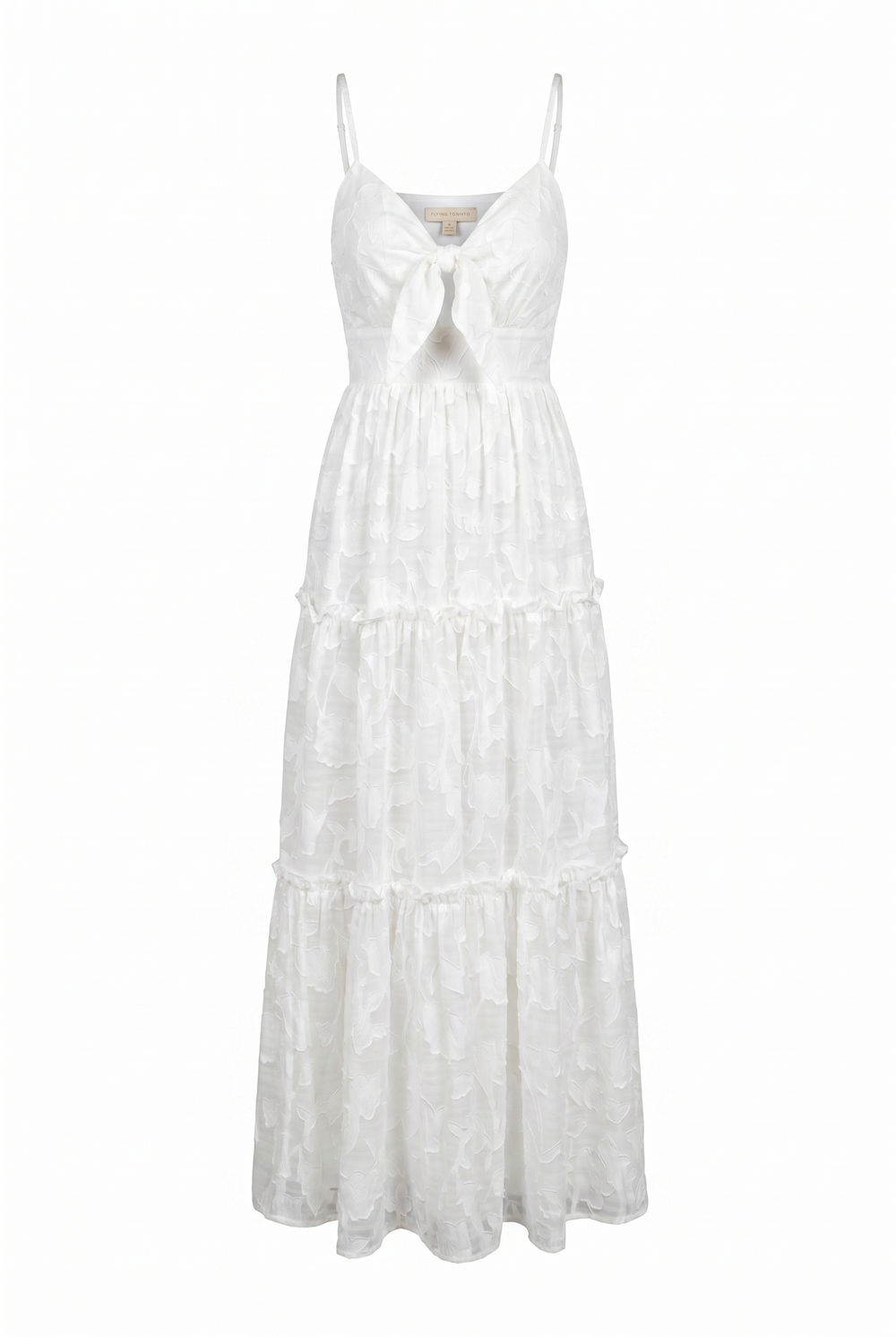 White long dress with knot-tie in the front on a white background | Flying Tomato
