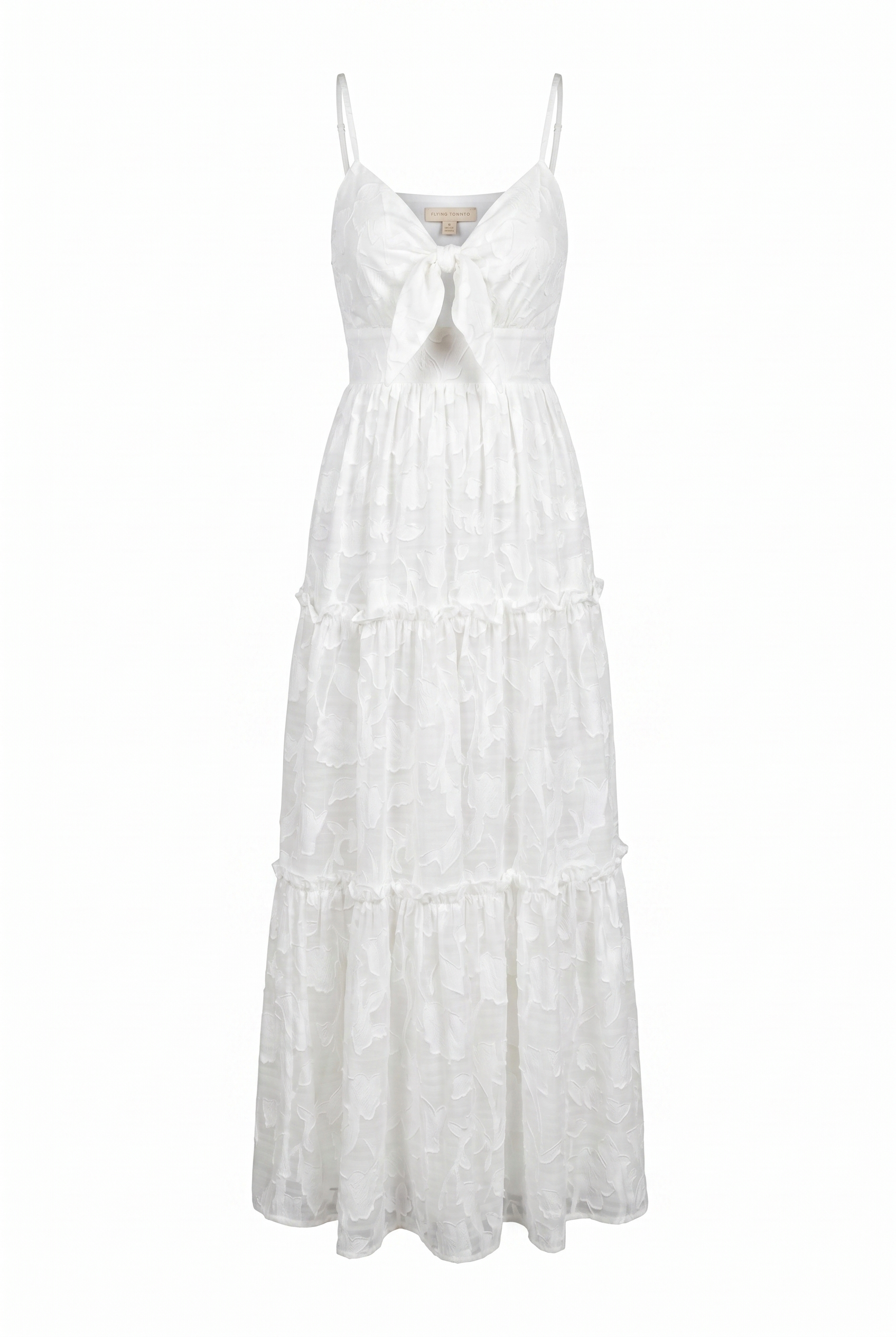 White long dress with knot-tie in the front on a white background | Flying Tomato