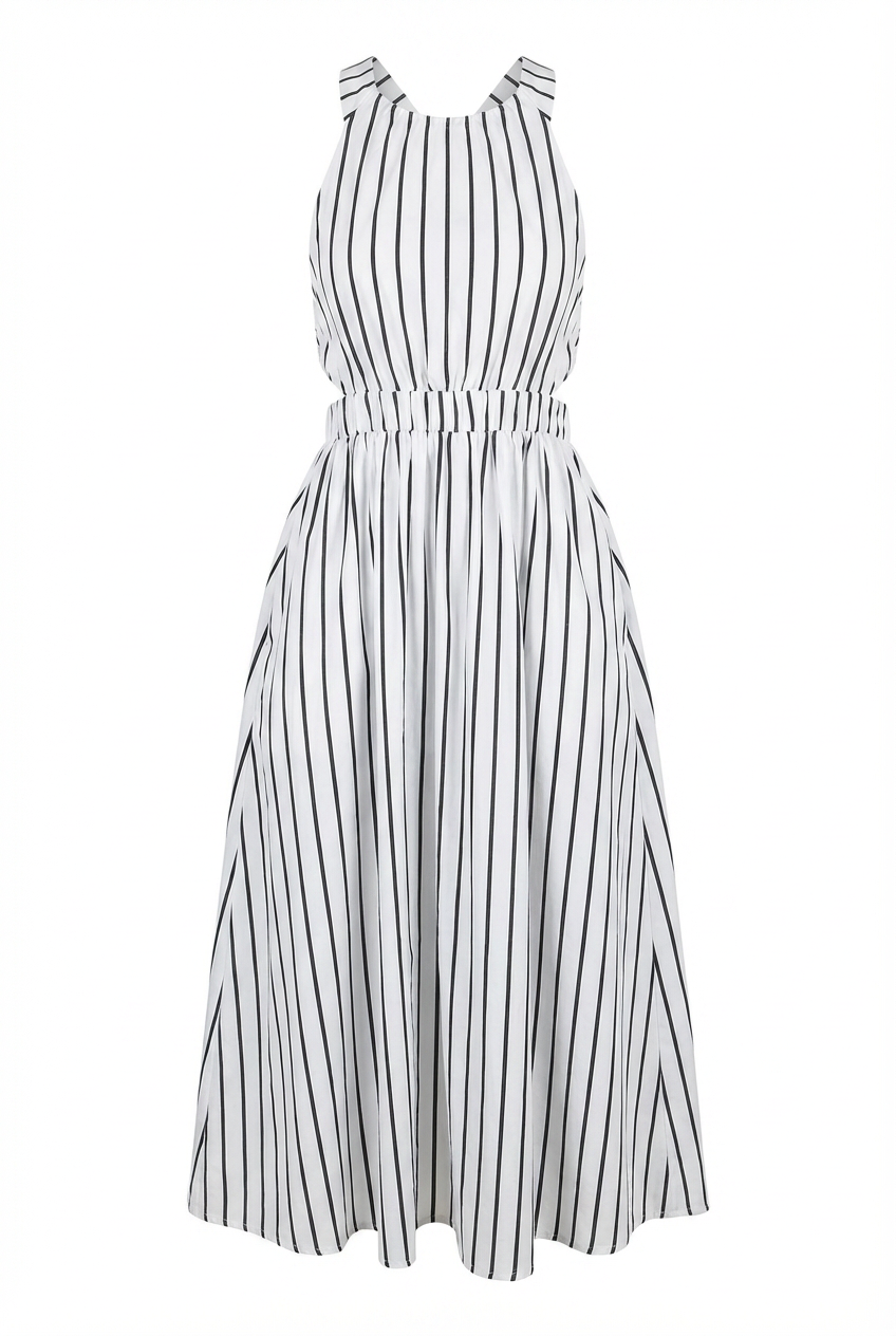 White and black striped dress with waist cutouts on a white background | Flying Tomato