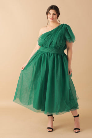 LIVELY CHARM TULLE MIDI DRESS.
