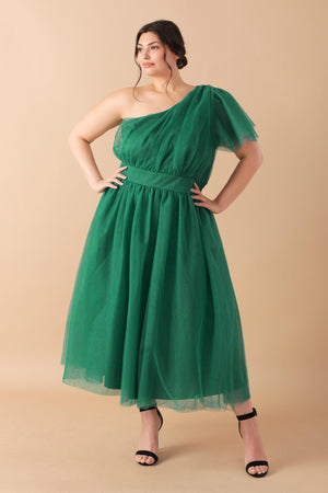 LIVELY CHARM TULLE MIDI DRESS.