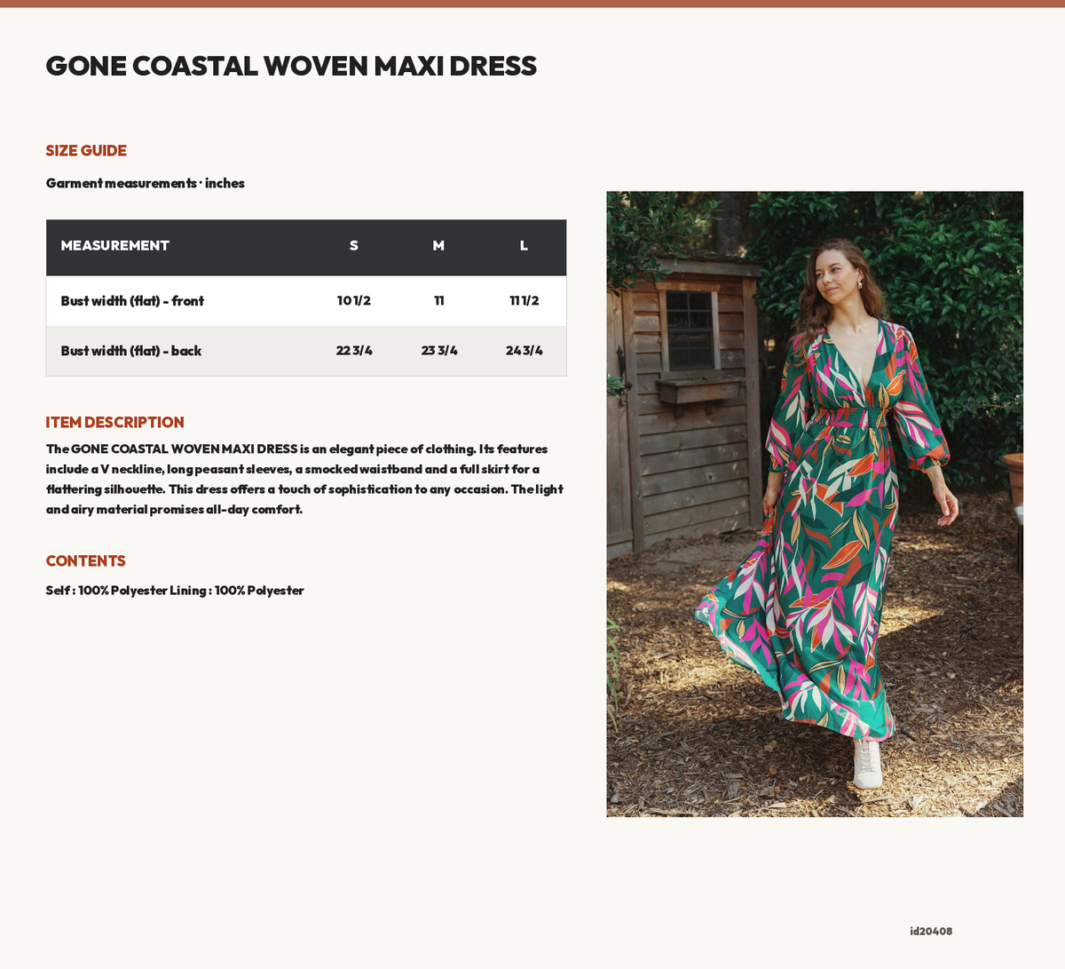 GONE COASTAL WOVEN MAXI DRESS size chart