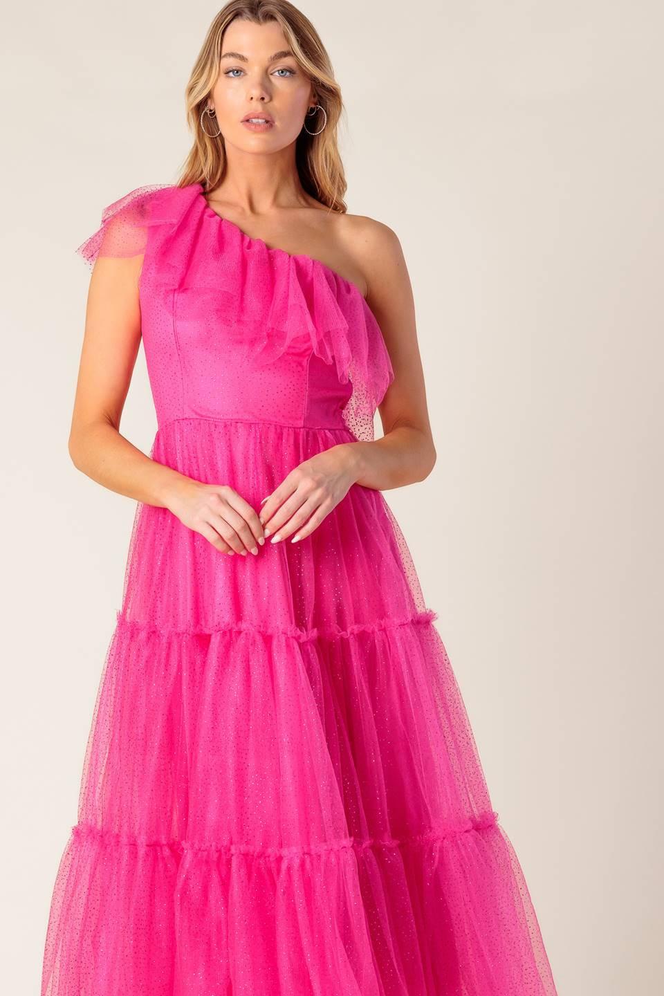 SOME FRESH AIR FUCHSIA TULLE MIDI DRESS.