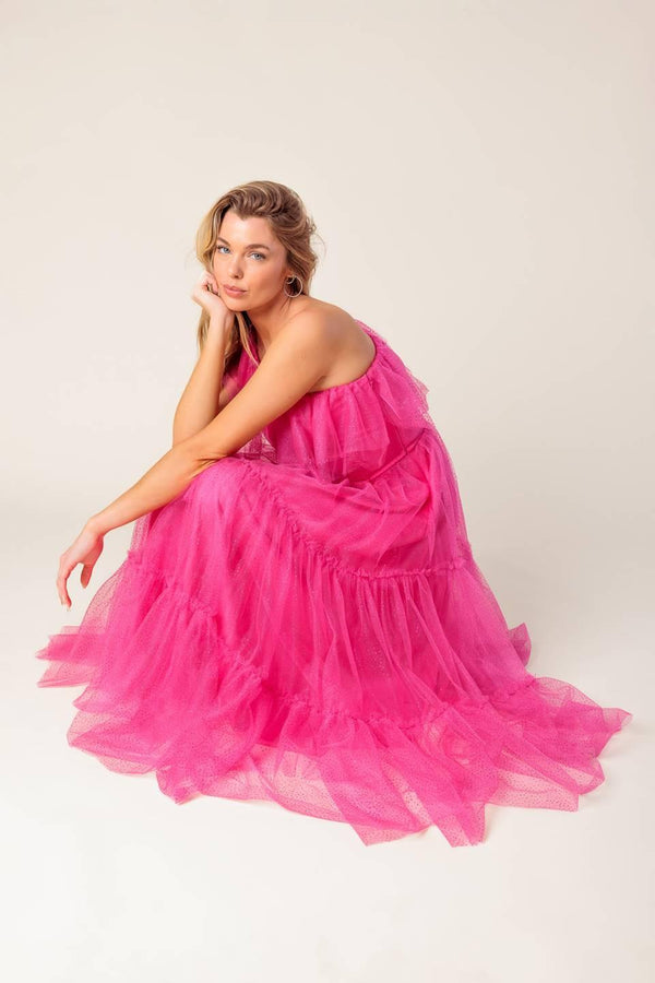 SOME FRESH AIR FUCHSIA TULLE MIDI DRESS.