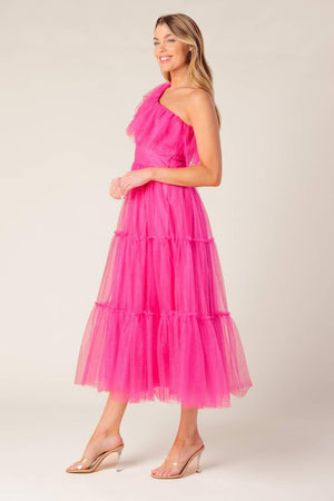 SOME FRESH AIR FUCHSIA TULLE MIDI DRESS.