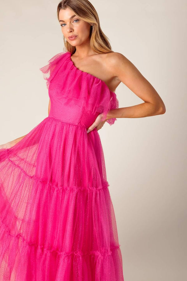 SOME FRESH AIR FUCHSIA TULLE MIDI DRESS.