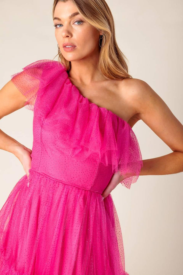 SOME FRESH AIR FUCHSIA TULLE MIDI DRESS.
