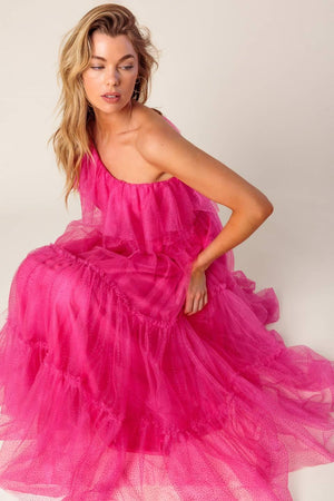 SOME FRESH AIR FUCHSIA TULLE MIDI DRESS.