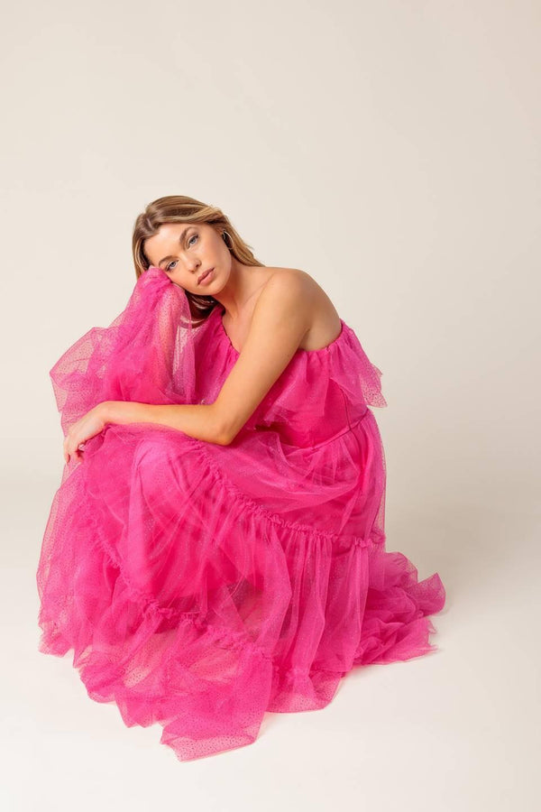 SOME FRESH AIR FUCHSIA TULLE MIDI DRESS.