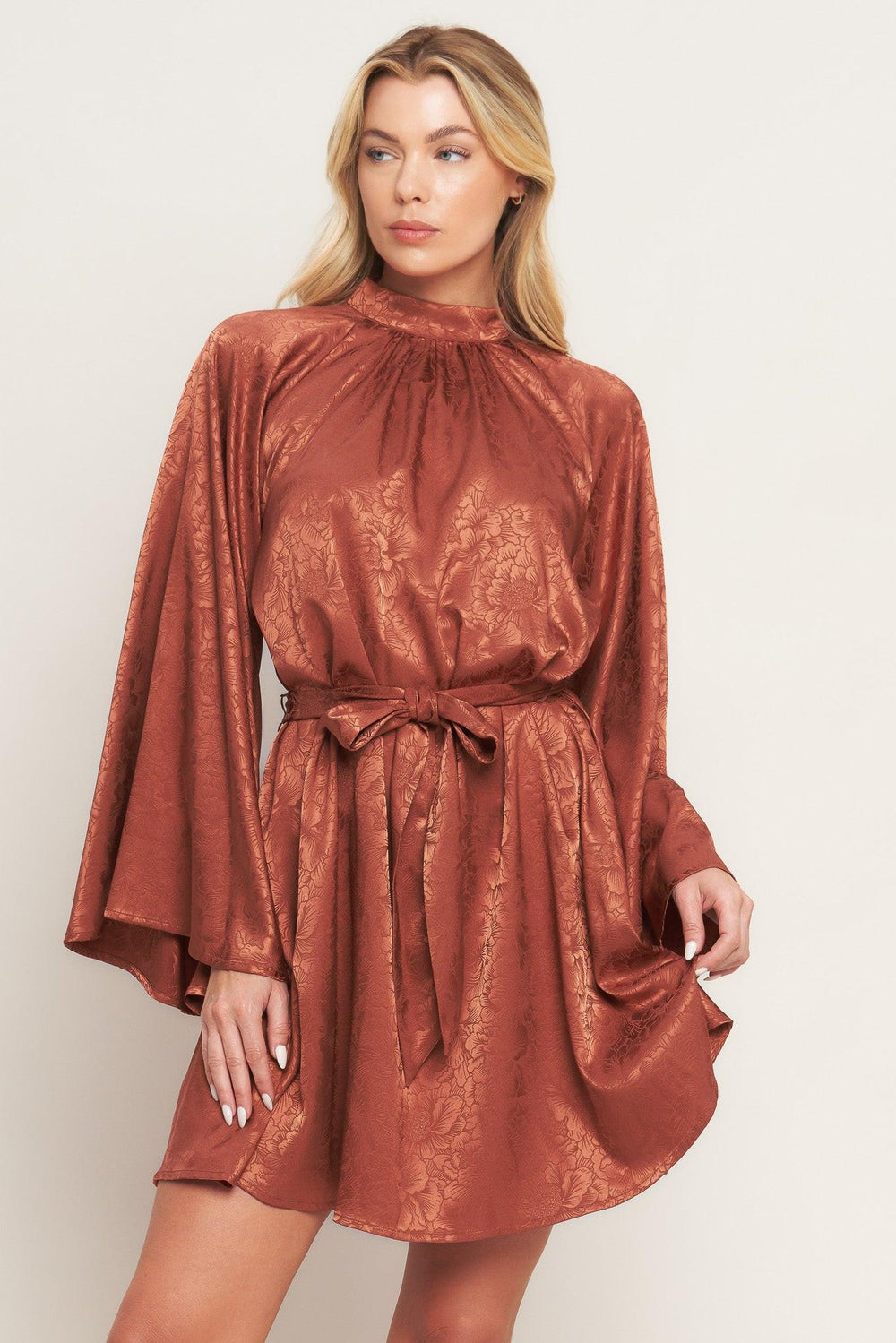 BY ANY MEANS WOVEN SATIN MINI DRESS.