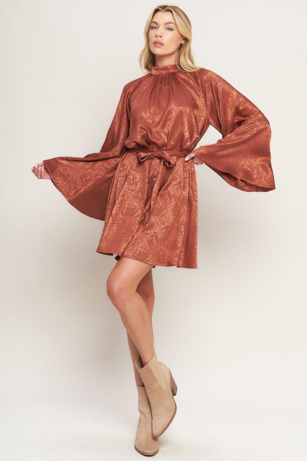 BY ANY MEANS WOVEN SATIN MINI DRESS.