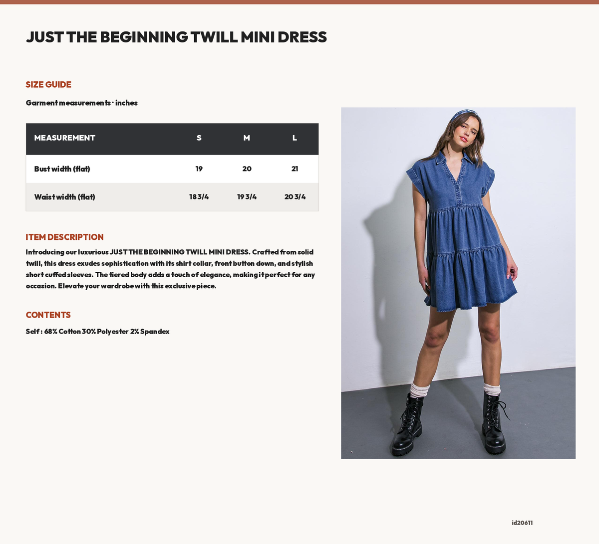 JUST THE BEGINNING TWILL MINI DRESS size chart