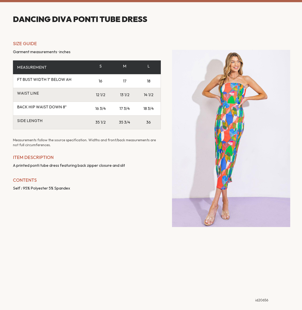 DANCING DIVA PONTI TUBE DRESS size chart