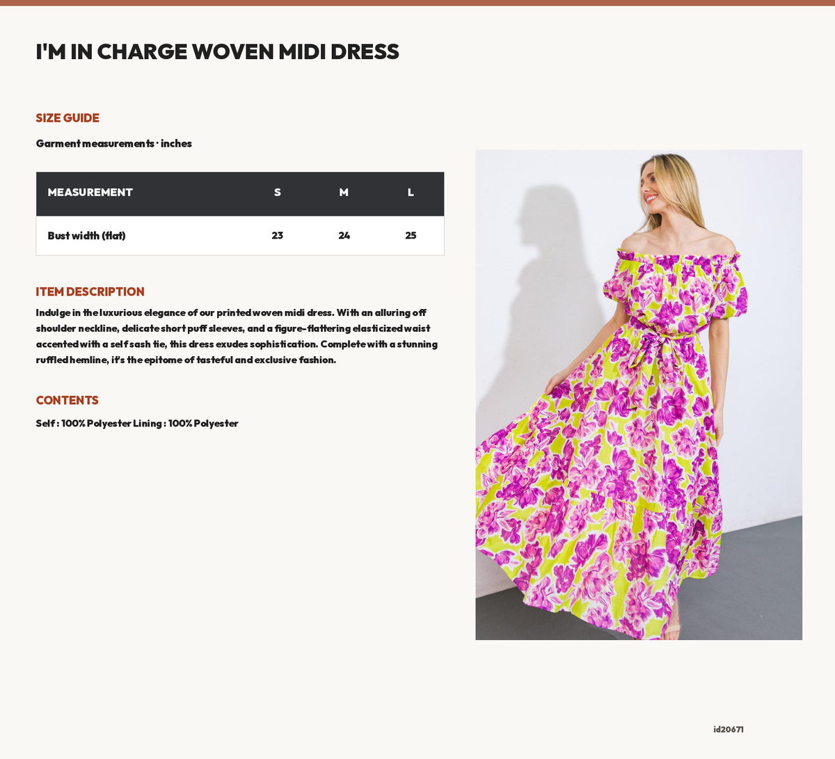 I'M IN CHARGE WOVEN MIDI DRESS size chart