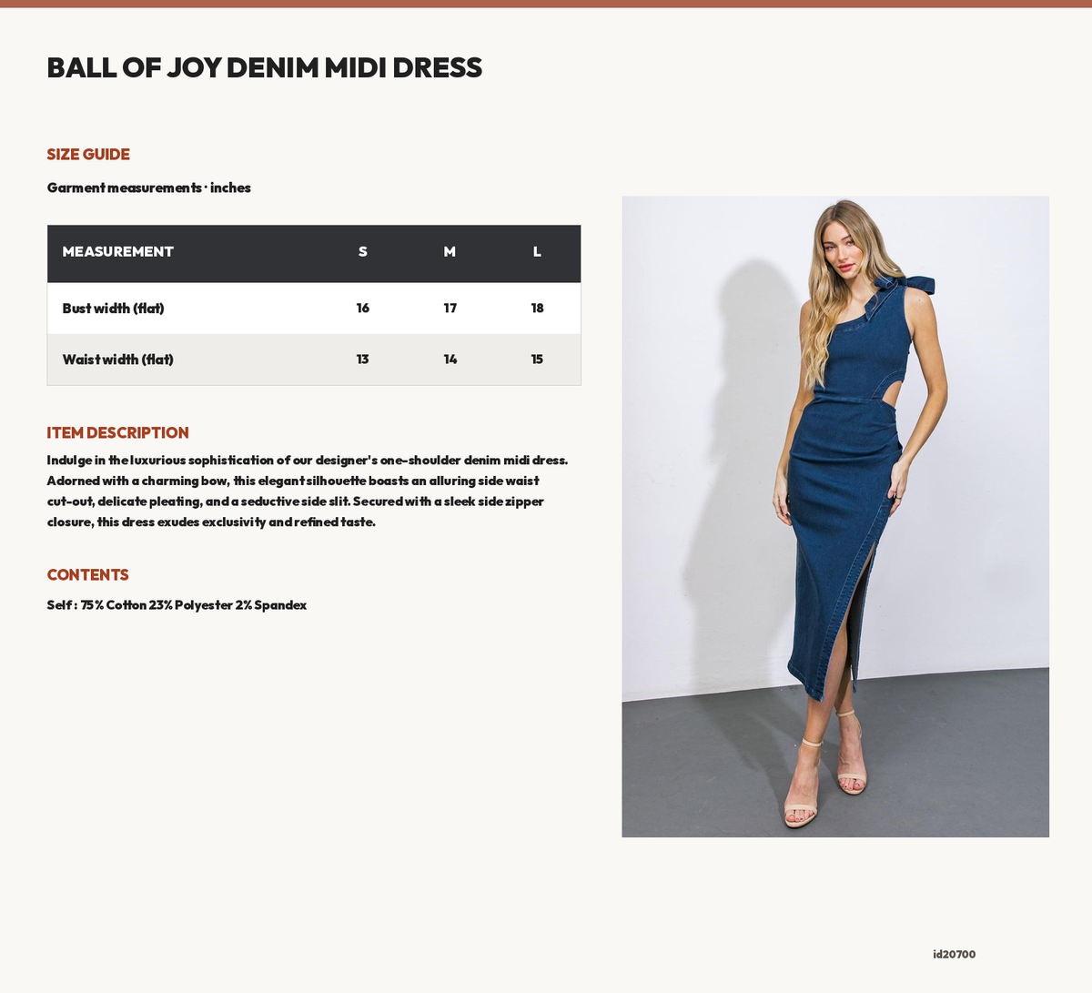 BALL OF JOY DENIM MIDI DRESS size chart