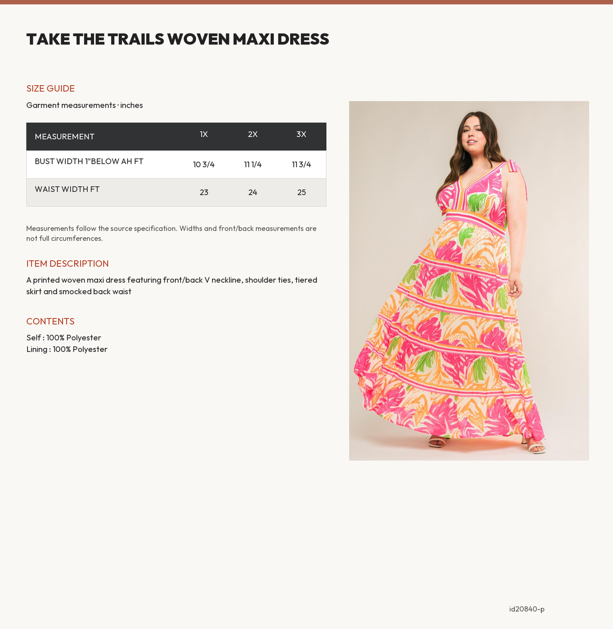 TAKE THE TRAILS WOVEN MAXI DRESS size chart