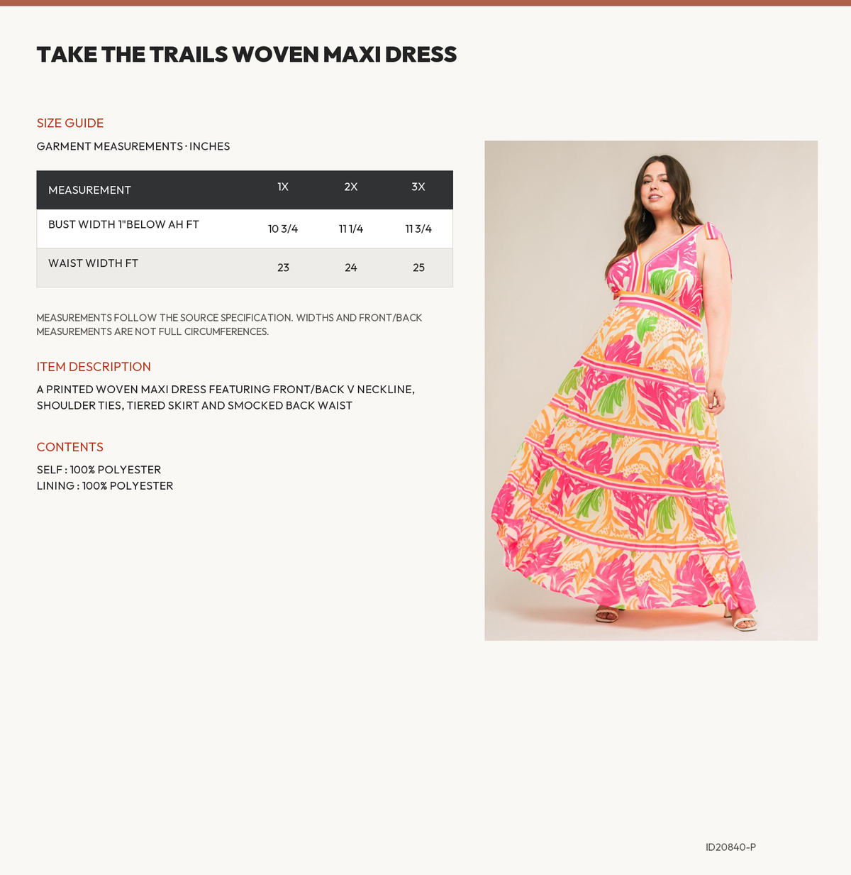 TAKE THE TRAILS WOVEN MAXI DRESS size chart