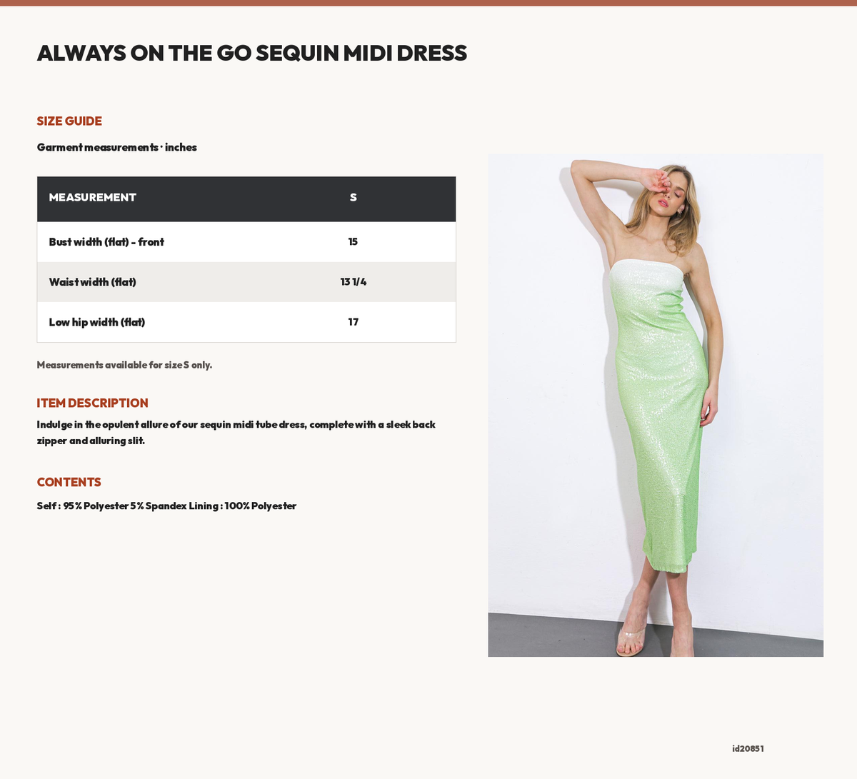 ALWAYS ON THE GO SEQUIN MIDI DRESS size chart