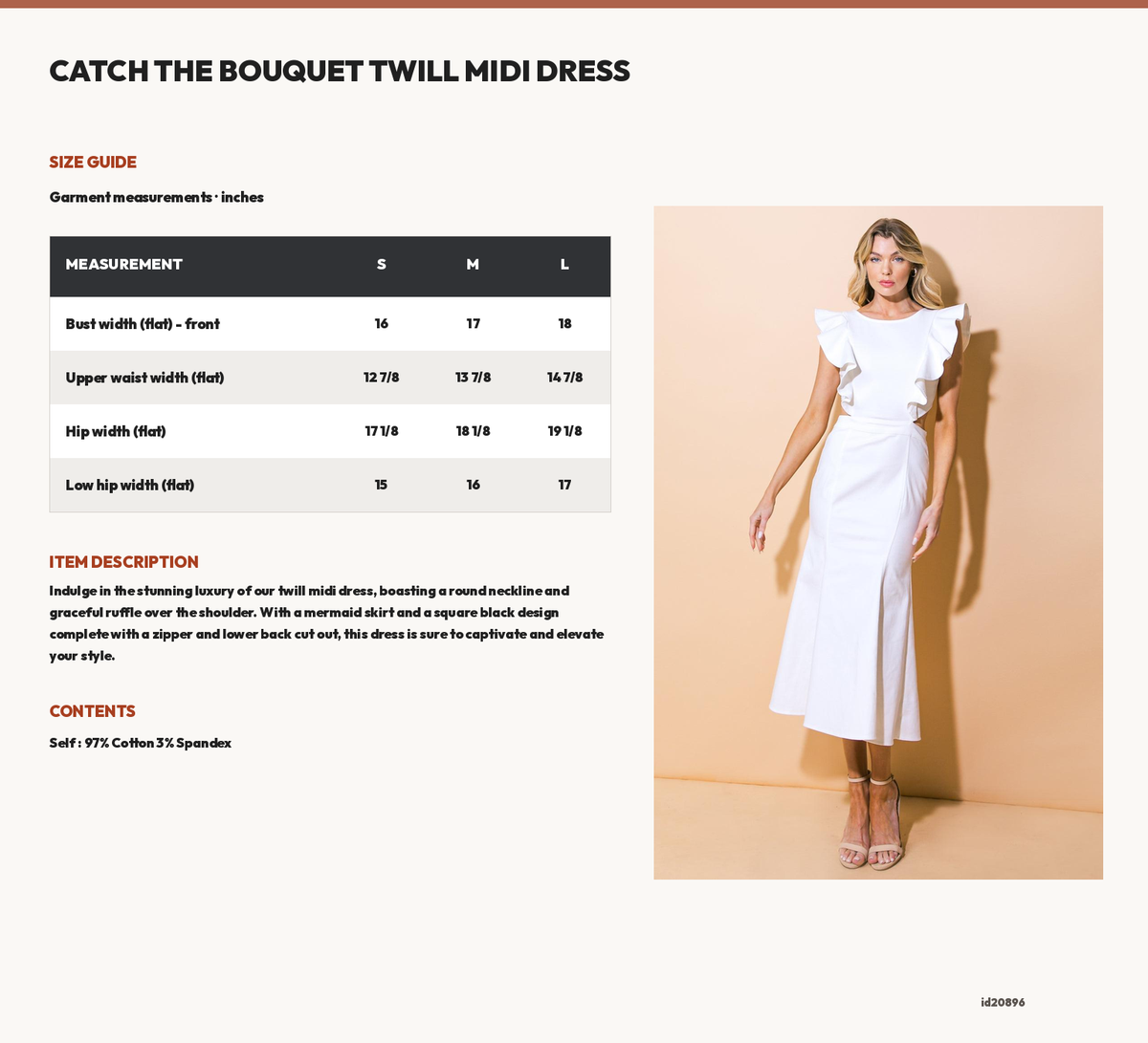 CATCH THE BOUQUET TWILL MIDI DRESS size chart