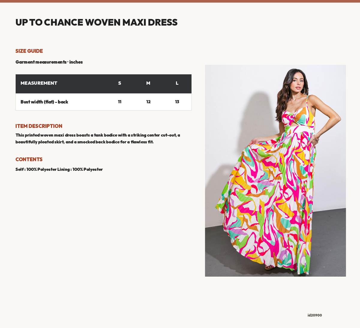 UP TO CHANCE WOVEN MAXI DRESS size chart