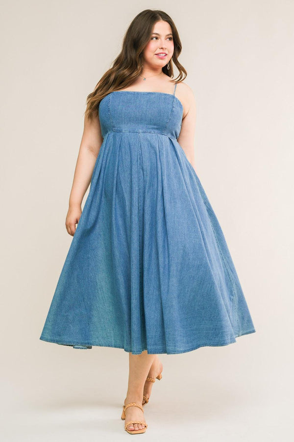 CAPTIVATING HEART DENIM MIDI DRESS.