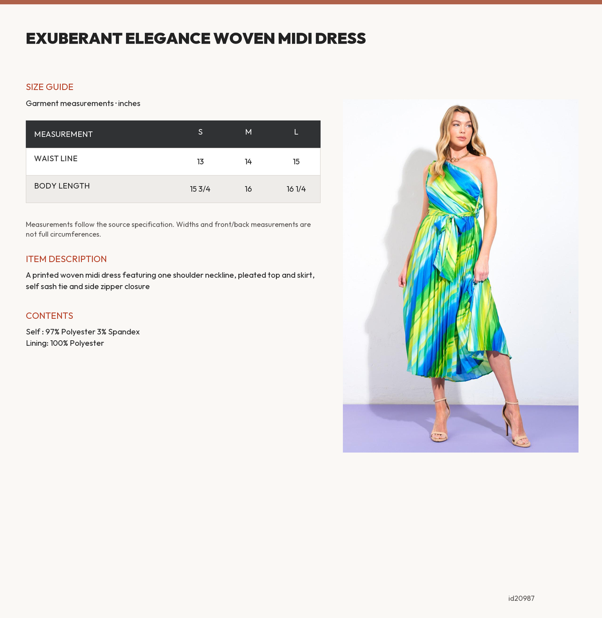 EXUBERANT ELEGANCE WOVEN MIDI DRESS size chart