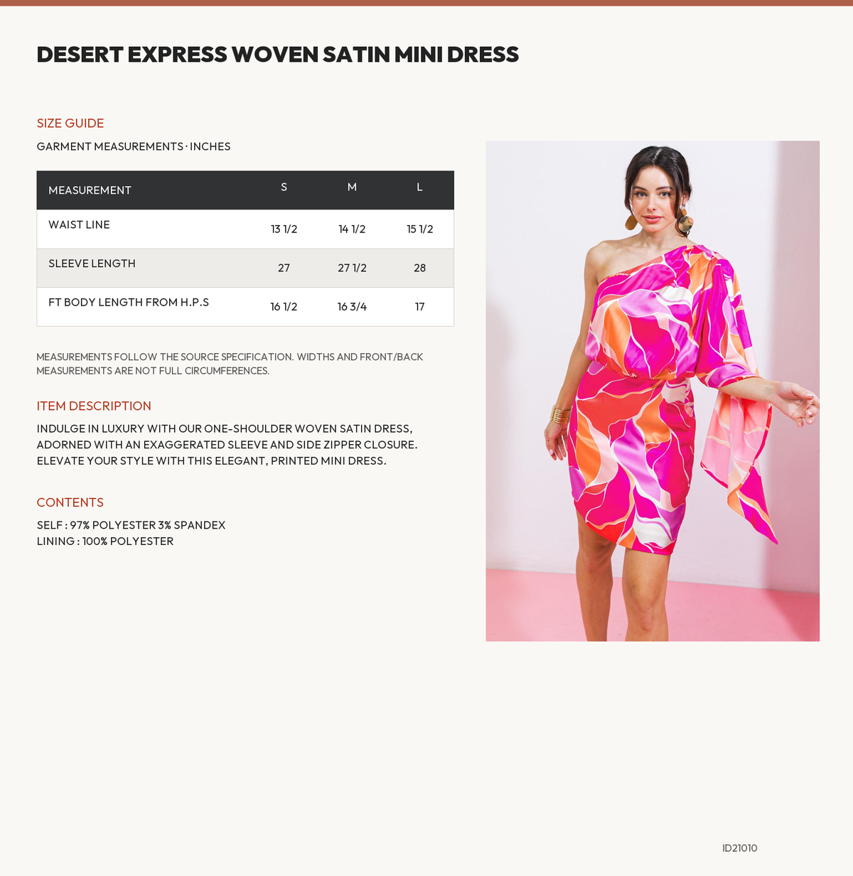 DESERT EXPRESS WOVEN SATIN MINI DRESS size chart