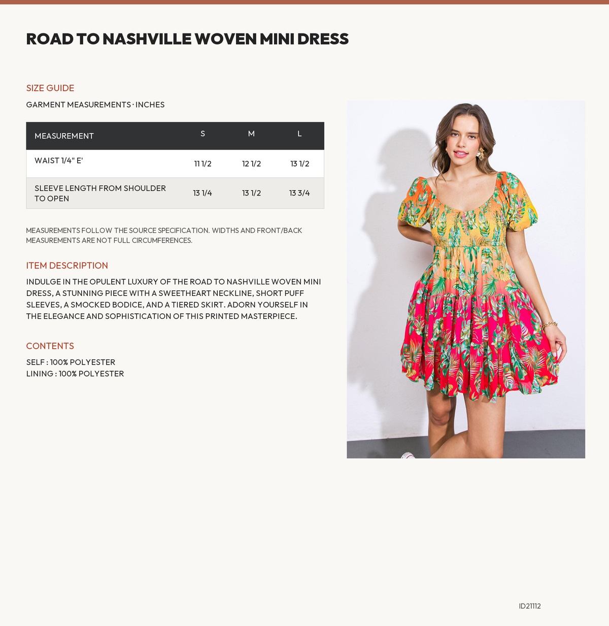 ROAD TO NASHVILLE WOVEN MINI DRESS size chart