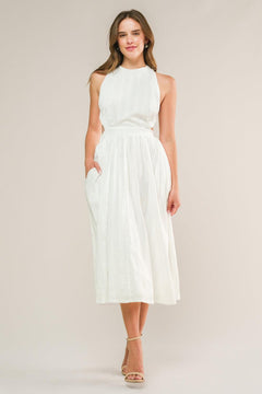 ADMIRED FROM AFAR WOVEN MIDI DRESS.