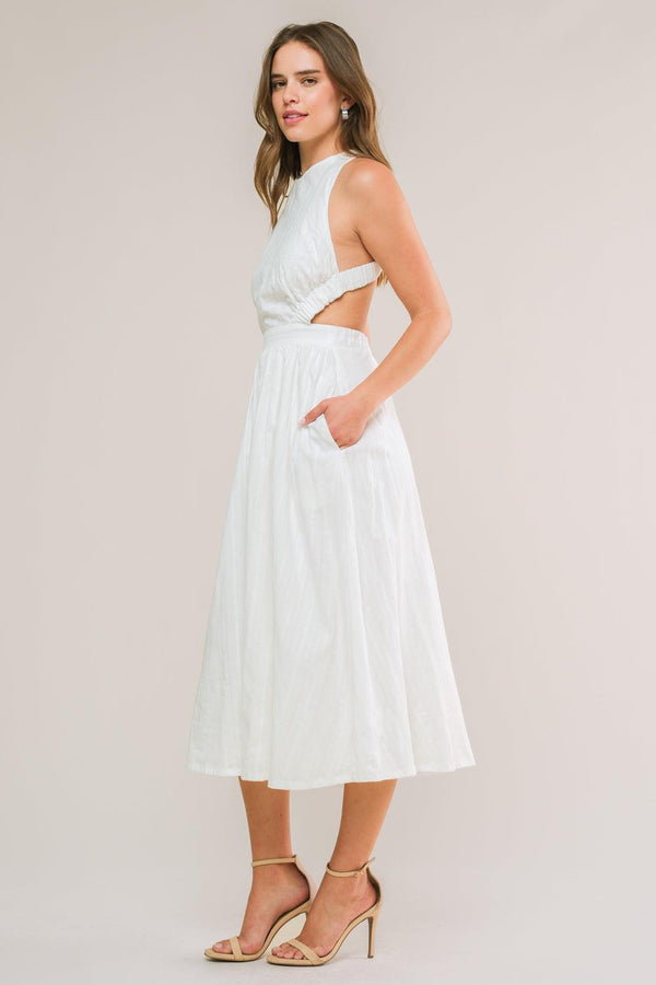 ADMIRED FROM AFAR WOVEN MIDI DRESS.
