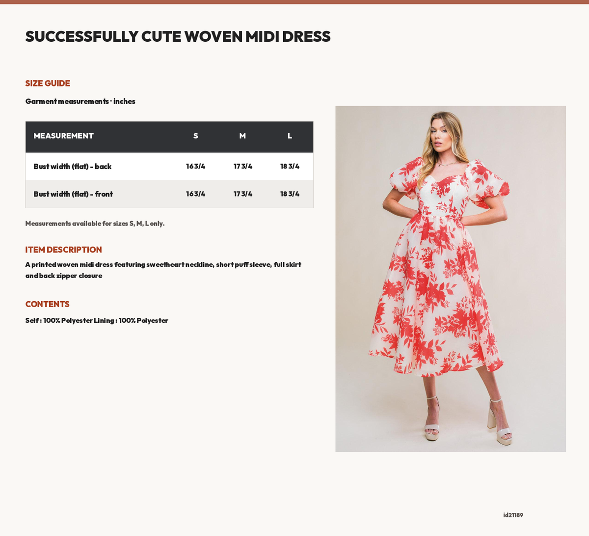 SUCCESSFULLY CUTE WOVEN MIDI DRESS size chart